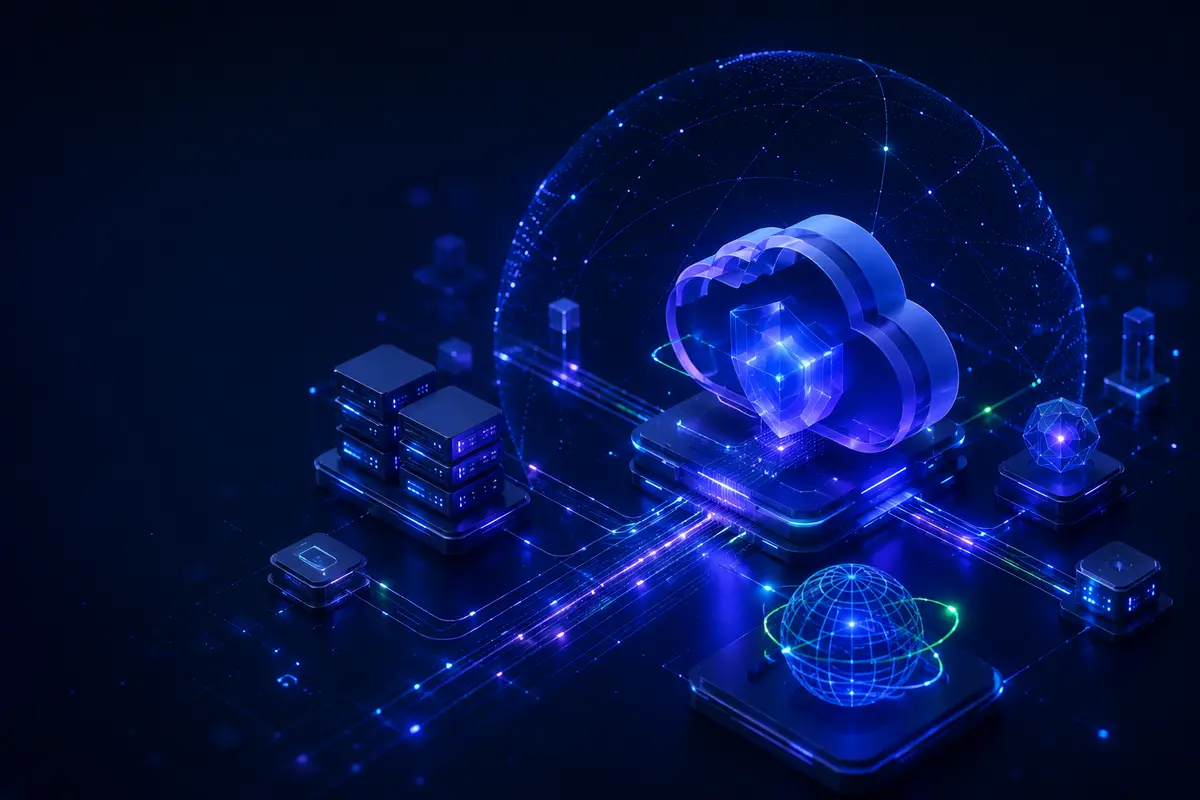 Secure cloud infrastructure connected with servers and digital systems